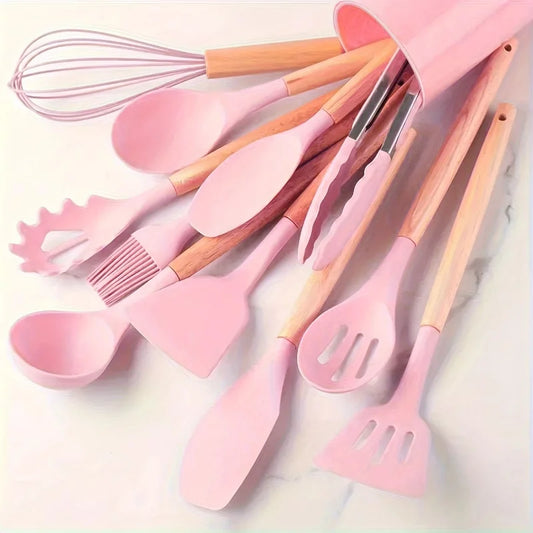 Ensemble d’ustensiles de cuisine en silicone – Rose & bois (12 pièces)