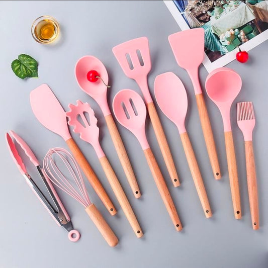 Ensemble d’ustensiles de cuisine en silicone – Rose & bois (12 pièces)